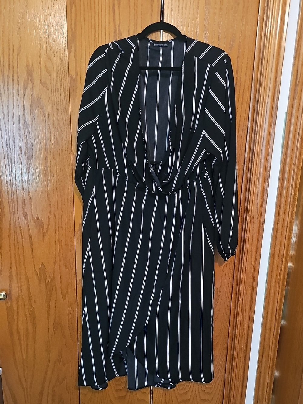 BloomChic Black and White Striped Long-Sleeve Wrap Dress